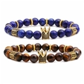 Ensemble de bracelets en perles d'œil de tigre et sodalite avec couronne dorée et alliage - Set Oeil de Tigre D (Sodalite Bleue + Oeil de Tigre Jaune-Brun)