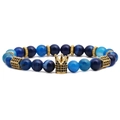 Blue agate beaded bracelet featuring a gold crown charm and square metallic spacers - Blue Agate Elastic Beaded Style