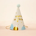 Witte verjaardagshoed met blauwe pompon, gouden sterren en Happy Birthday tekst - Blauwe Ster
