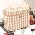 Portable beige checkered makeup bag with gold zippers and convenient top handle - Large Size (22x16.5x16cm) / Large Grid