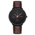 Men's fashion quartz watch with brown leather strap and black chronograph sub-dials - Rose Gold Hands Black Dial Brown Strap