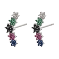 Detail of silver floral stud earrings featuring five multi-colored zircon stones in a row - White Gold Colorful Zircon Five-Flower