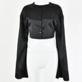 Detail of black satin long sleeve cropped cardigan with buttons on a white mannequin - S / Tops / Black