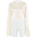 Dettaglio del cardigan in raso beige che mostra la trama della seta e i bottoni rotondi - S / Giacca Singola / Cachi