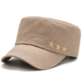 Khaki flat top military cap for men featuring golden five-star embroidery and canvas texture - Adjustable / Beige