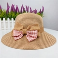 Detail of light brown straw hat featuring a pink plaid bow and burlap decoration - M (With Windproof Rope) / Light Coffee