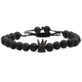 Geflochtenes schwarzes Lavastein-Perlenarmband mit Kronen-Charm und Kordelzug - Lava Schwarz Große Krone