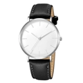 Detail view of silver watch case with white dial and black leather strap with white stitching - Black Strap Silver Case White Dial