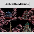Set of 4 A4 city night landscape scratch art cards with romantic pink cherry blossoms - A4 Size / Beautiful Cherry Blossom
