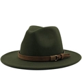 Dark green wool fedora hat with brown leather belt and gold buckle on white background - M (56-58cm) / Green