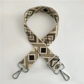 Detail of adjustable cotton strap with green geometric pattern and silver metal hooks - No.4 Green Coffee + Silver Buckle