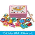 Magnetisch houten hengelspel in roze tinnen doos met vijftien vissen en een hengel - 15 Vissen + 1 Hengel / Roze