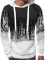 Close-up of men's hoodie showing black and white ink splash print and kangaroo pocket - M / Tops / Black and White Gradient