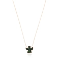 Rose gold necklace with green and black sparkling angel pendant on white background - Ink Blue