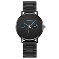 Slim black metal men's watch with blue hands and dual sub-dials on a textured black face - Black Band Blue Needle