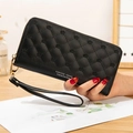 Black long zipper wallet with quilted crown pattern and stylish wrist strap for women - Crown Black