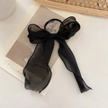 Elegant black lace bow hair tie with long ribbons made of sheer organza fabric - Lace Transparent Black