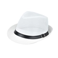 Detail of white mesh fedora hat showing breathable texture and black leather strap - White