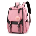 Rosa Oxford-Schulrucksack mit schwarzen Trägern, Plüschball und USB-Anschluss - Rosa