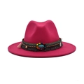 Elegant rose red wool felt fedora hat with bohemian ethnic tassel band and turquoise - M (56-58cm) / Rose Red