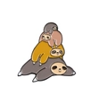 Cute enamel pin with four colorful stacked sloths in Japanese cartoon style art - Stacking Sloths