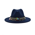Dark blue vintage wool fedora hat with bohemian ethnic beaded band and turquoise tassels - M (56-58cm) / Navy Blue