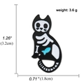 Skeleton cat enamel pin in black and white with blue fish pattern, 3.2cm height and 3.6g - Sitting Cat Skeleton with Fish Bone