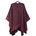 Detail of red and black leopard print knit shawl with an asymmetric open front hem - Small Leopard Red