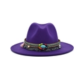 Detail of a dark purple wool fedora with bohemian ethnic band and turquoise stone - M (56-58cm) / Purple