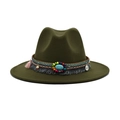 Detail of olive green fedora hat featuring bohemian beaded band and turquoise stone - M (56-58cm) / Army Green