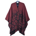 Detail of burgundy and black leopard print knitted shawl with open-front design - Large Leopard Wine Red