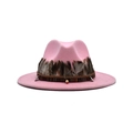 Detail of pink fedora featuring brown feathers, ethnic woven band and metallic pendant - M (56-58cm) / Pink