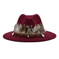 Burgundy wide brim felt fedora hat featuring ethnic ribbon and feather decorations - M (56-58cm) / Burgundy