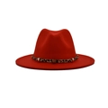 Detailed macro view of the leopard print band and golden star rivets on the red wool fedora - M (56-58cm) / Red
