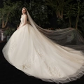 Ivory bridal gown with lace embroidery, sequins and dramatic long tulle train - Trailing
