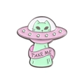 Cartoon-Emaille-Anstecknadel mit grüner Alien-Katze im UFO und Take Me Schleife - Außerirdische Katze im UFO mit TAKE ME Text (XZ4395)