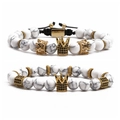 Tigerauge Marmor Perlenarmband Set mit goldenen Kronenanhängern und schwarzen Zirkonia - 2-teiliges Set / Weißes Türkis-Set