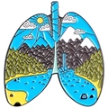 Enamel brooch with lung shape featuring mountains and waterfall nature scene - Human Lung Landscape
