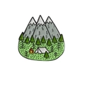 Enamel camping brooch featuring snow mountains, green forest and a campfire on white - Snowy Mountain Camp