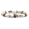 Tiger eye and marble beaded bracelet set with golden crown and black micro-pave cylinder - Elastic Beaded Style / Howlite