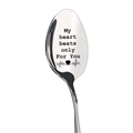 Detail of engraved heart rate pulse and My Heart Beats Only For You text on steel spoon - My heart beats only For You