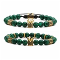 Conjunto de pulseras de cuentas de malaquita verde con corona dorada y circón negro - Juego de piedras de malaquita