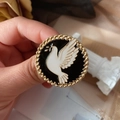 Vintage round dove peace brooch in black enamel with golden rope texture edge - White Dove Black