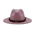 Light pink wool fedora hat with dark brown braided band and golden feather ornament - Pink