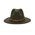 Deep olive green wool fedora with ethnic beaded band and gold feather charm accent - Army Green