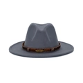 Close-up of wide brim fedora hat with ethnic band and vintage gold feather ornament - Light Gray