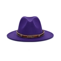 Dark purple wool fedora hat with wide brim featuring a beaded ethnic band and gold feather - Purple