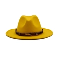Classic bright yellow wide brim fedora hat with brown leather band and golden feather pin - Yellow