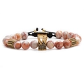Bracciale regolabile in pietre occhio di tigre con corona dorata e micro-pavé nero - Stile Intrecciato in Pietra Rossa e Bianca Texturizzata