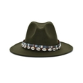 Detail of dark green fedora hat featuring ethnic woven band and natural seashells - M (56-58cm) / Army Green